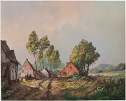 vintage calendar art with cottages, cabins, etc. circa 1930s-1940s
